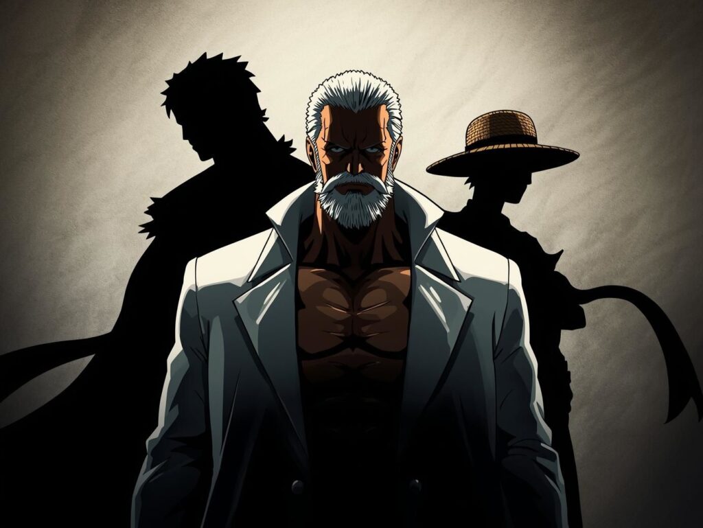 偽ガープの後ろに偽ドラゴンと偽ルフィの影があるイラスト