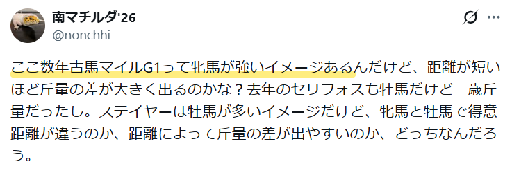 ここ数年の古馬マイルG1では、牝馬が強いイメージがあるという意見。