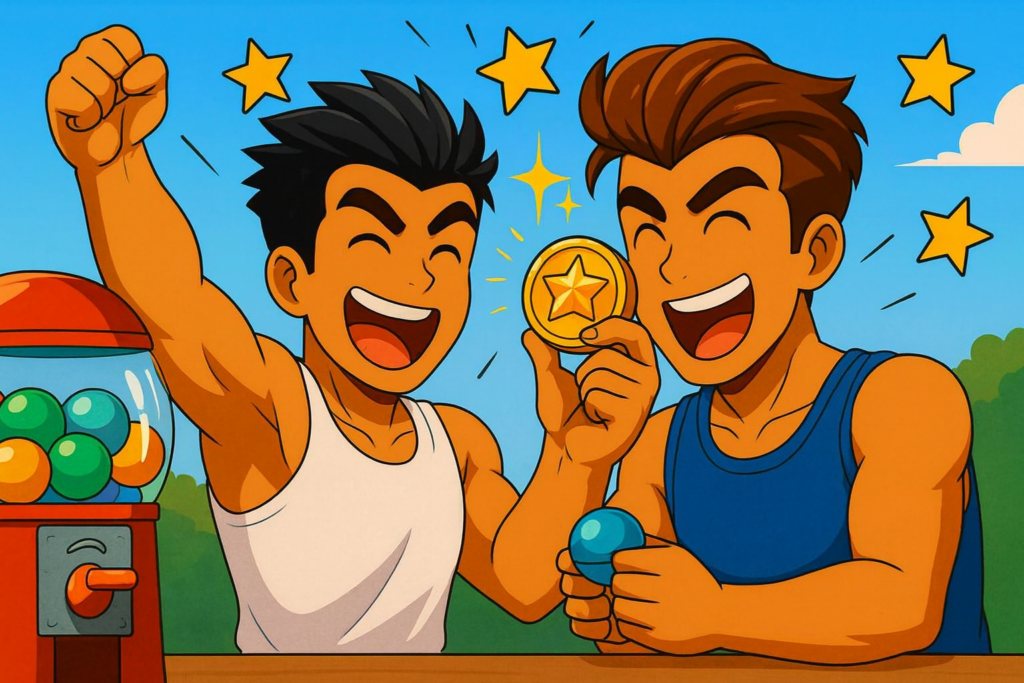 ガチャガチャであたりが出て喜ぶくにおくんとりき風キャラクター