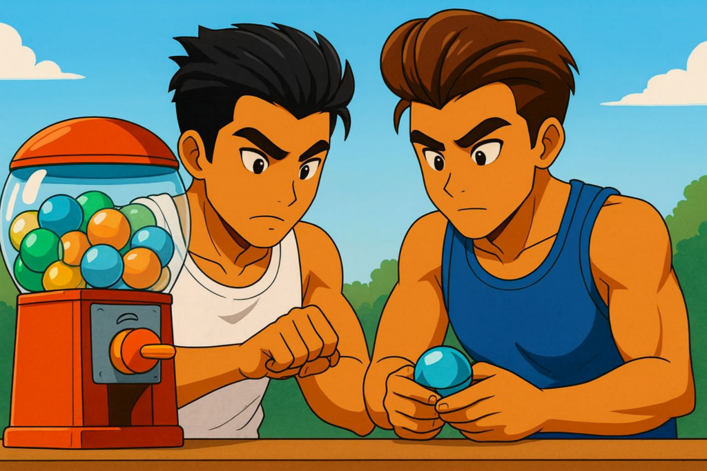 一緒にガチャガチャを回しているくにおくんとりき風キャラクター