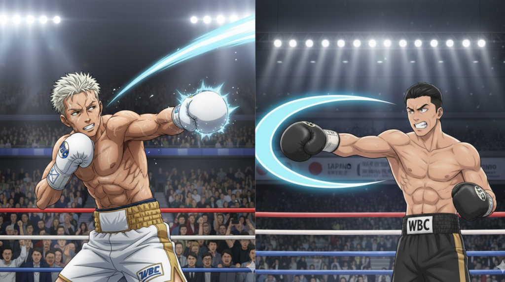 パンチする那須川天心選手と井上拓真選手のアニメ風画像