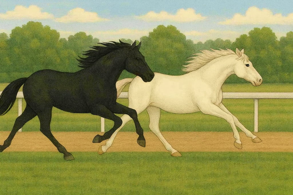 黒い馬と白い馬が一緒に走っているイラスト