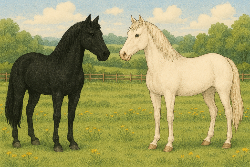 牧場で向かい合って立っている黒い馬と白い馬の全身イラスト