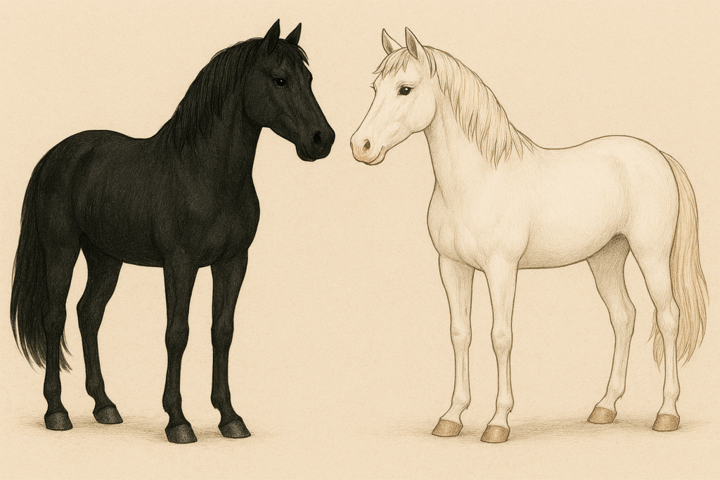 向かい合って立っている黒い馬と白い馬の全身イラスト
