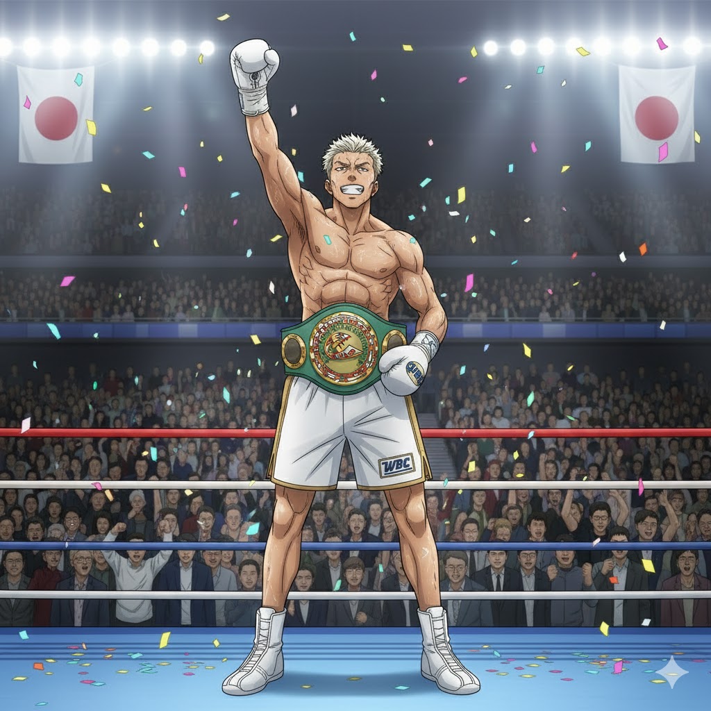 勝利を喜ぶ那須川天心のアニメ風画像