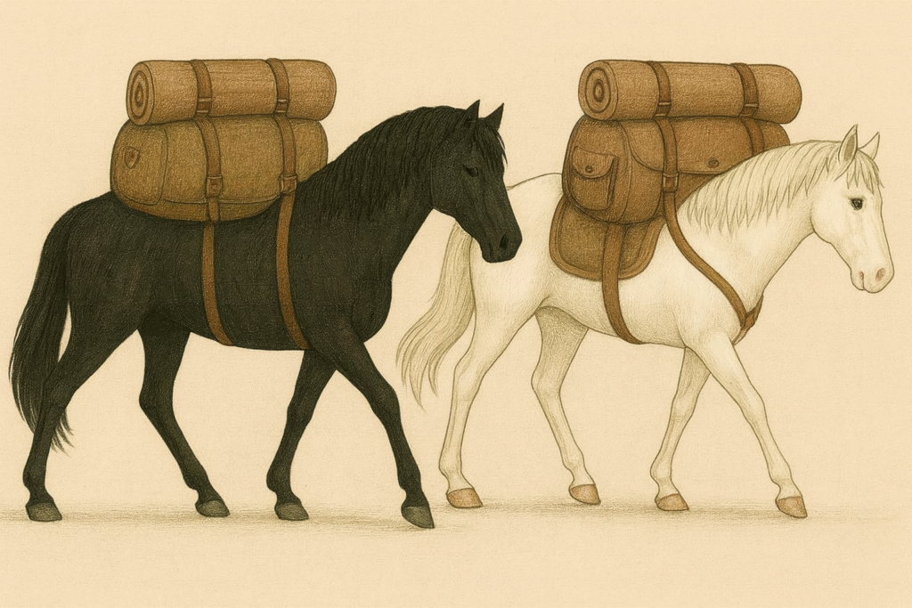 白い馬と黒い馬が荷物を背負って歩いているイラスト