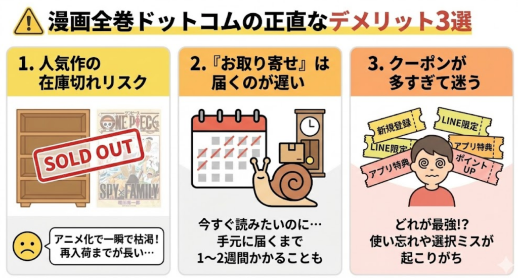 漫画全巻ドットコムのデメリットをまとめた図