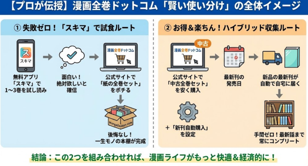 漫画全巻ドットコムの賢い使い分けを示した図