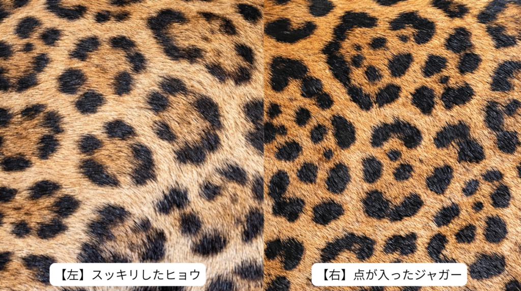 ヒョウとジャガーの模様の違いがわかる模様のアップ画像