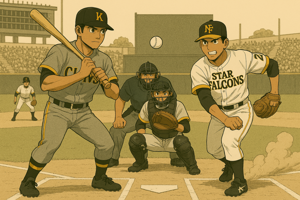左の打者がバットを構え、右の投手がボールを投げる動作をしているイラスト