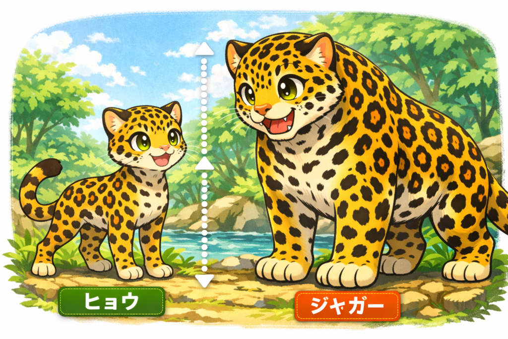 ヒョウとジャガーの大きさの違いが分かるイラスト画像
