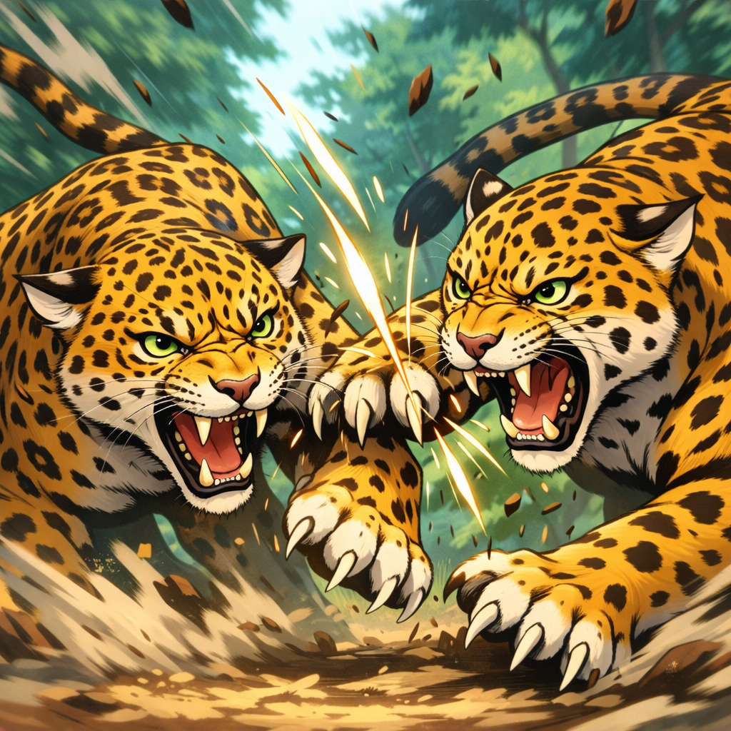 ヒョウとジャガーが吠えながら戦う様子をイメージしたイラスト画像