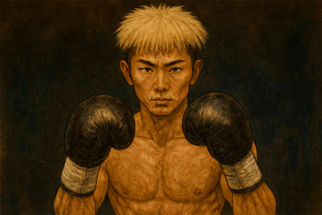 正面を向いて拳を構える井上尚弥風ボクサーのイラスト