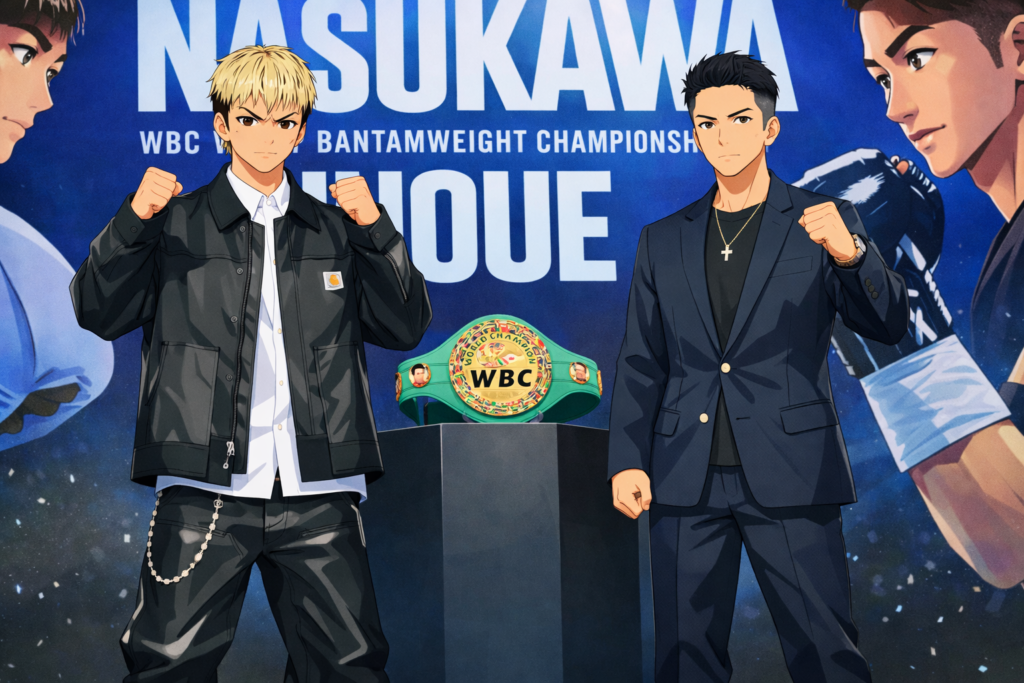 対戦発表の際にインタビューに答える那須川天心と井上拓真のアニメ風画像