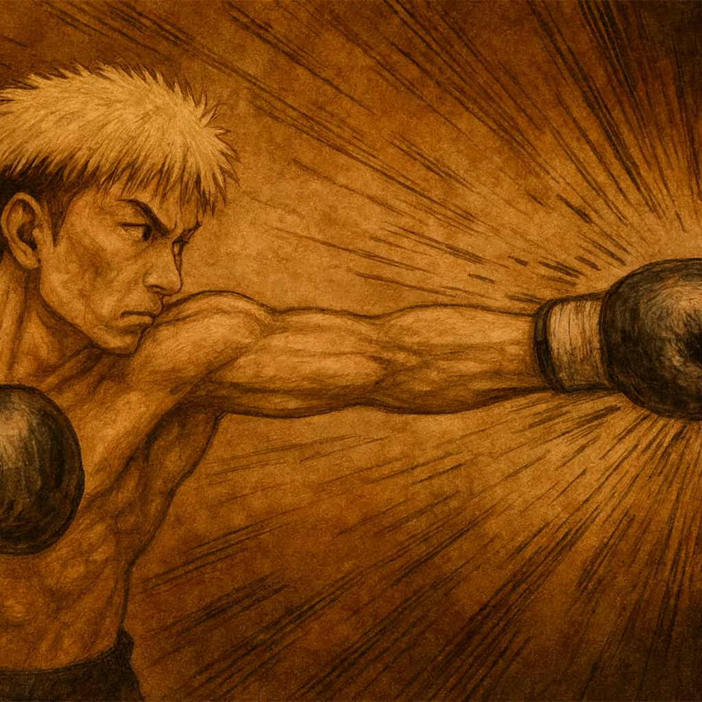 右を向いて拳を突き出す井上尚弥風ボクサーのイラスト