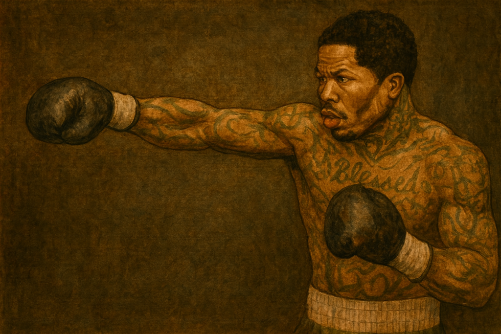 左を向いて拳を突き出すデービス風ボクサーのイラスト