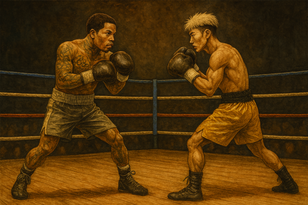 リングの上で対峙するデービスと井上尚弥風ボクサーのイラスト