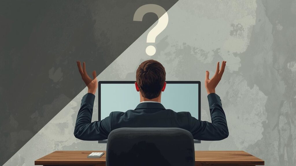 男の人がパソコンをみてなぜ?と手を挙げているイラスト