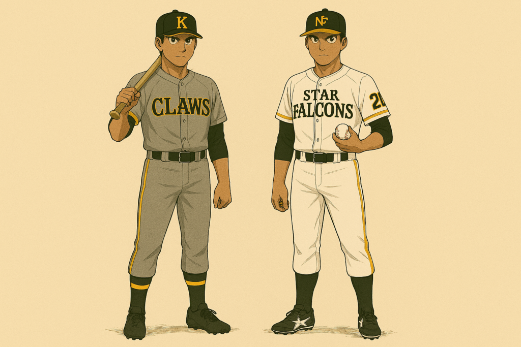 野球のユニフォームを着て、バットを持った男とボールを持った男の全身イラスト