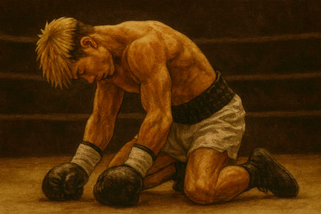 両ひざをつく井上尚弥風ボクサーのイラスト