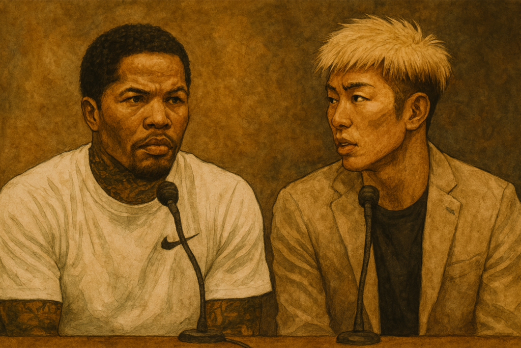 インタビューを受けているデービスと井上尚弥風ボクサーのイラスト