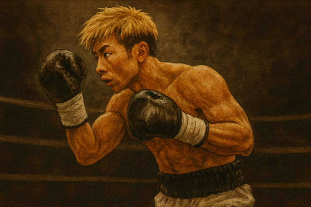 左を向いて拳を構える井上尚弥風ボクサーのイラスト