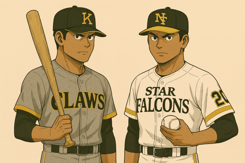 野球のユニフォームを着て、バットを持った男とボールを持った男が並んでいるイラスト