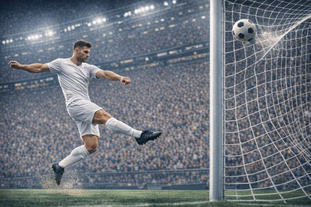 ゴールを決めるロナウド風サッカー選手のイラスト