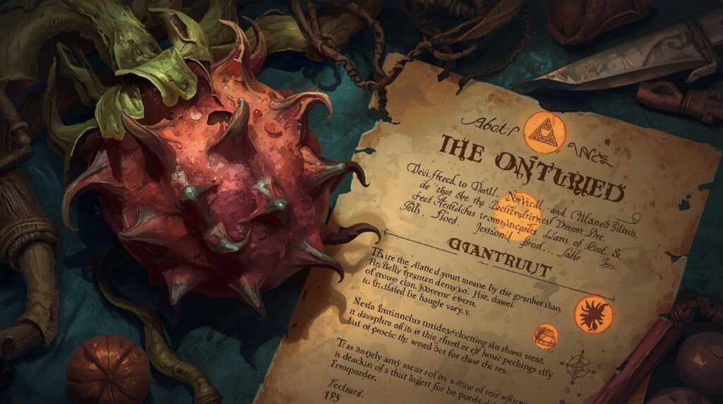 不気味な悪魔の実と怪しい神との契約書が並んでいるイラスト