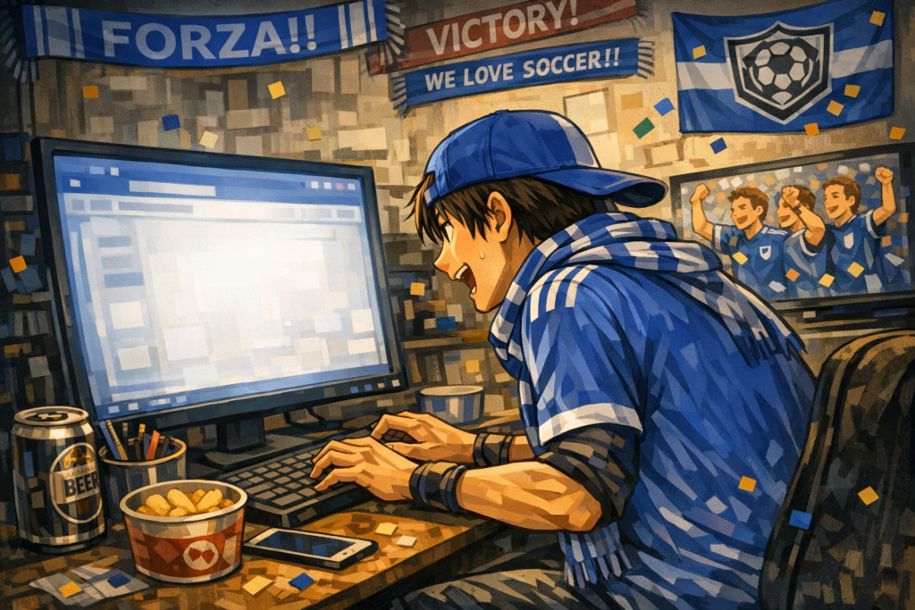 ネットに書き込んでいるサッカーファンのイラスト