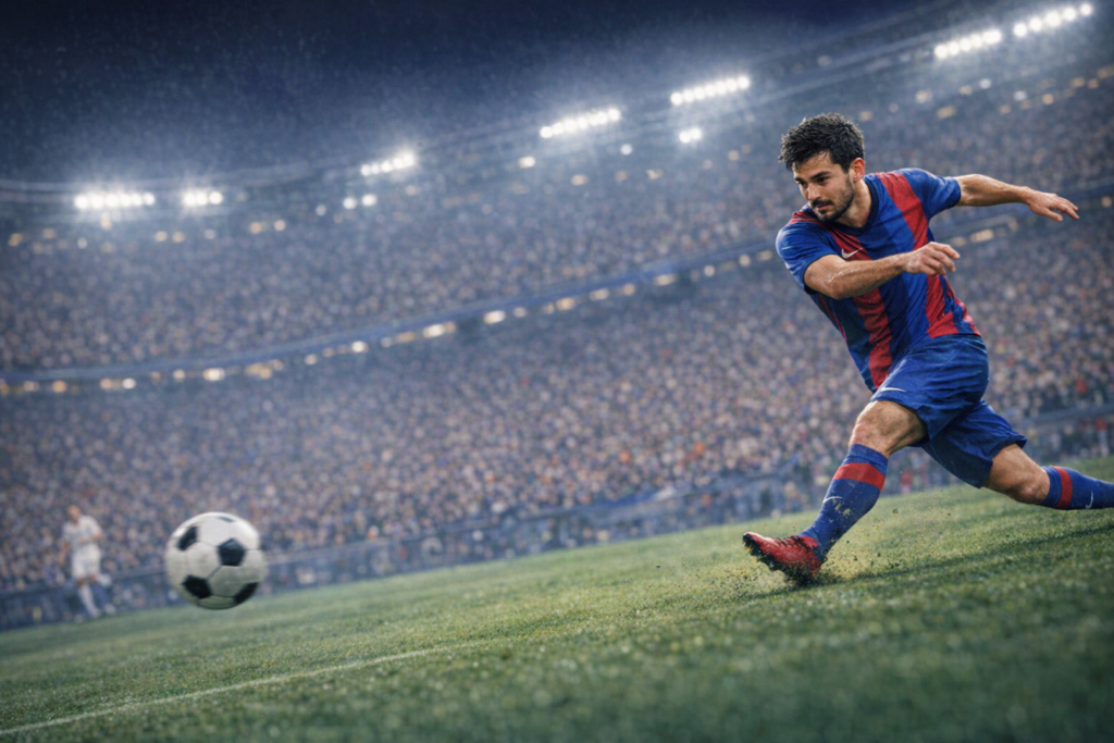 パスを出しているメッシ風サッカー選手のイラスト