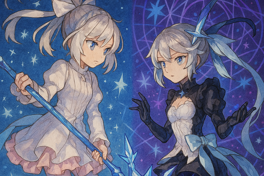 モンストマギアの「純白の魔法少女」と「心願の魔法少女」が対峙しているイメージ画像