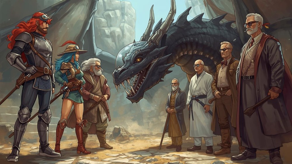 偽の神の騎士団と偽五老星が対立しているイラスト