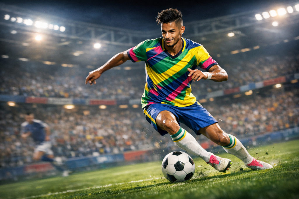 ボールをドリブルしているネイマール風サッカー選手のイラスト