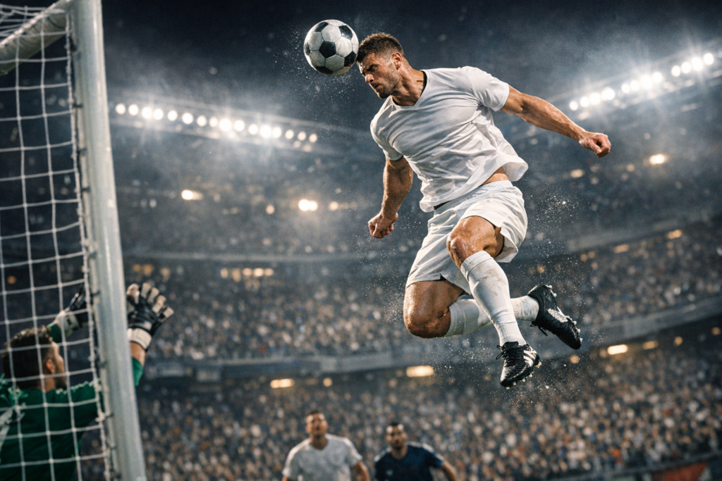 ロナウド風のサッカー選手がヘディングでゴールを決めようとしているイラスト