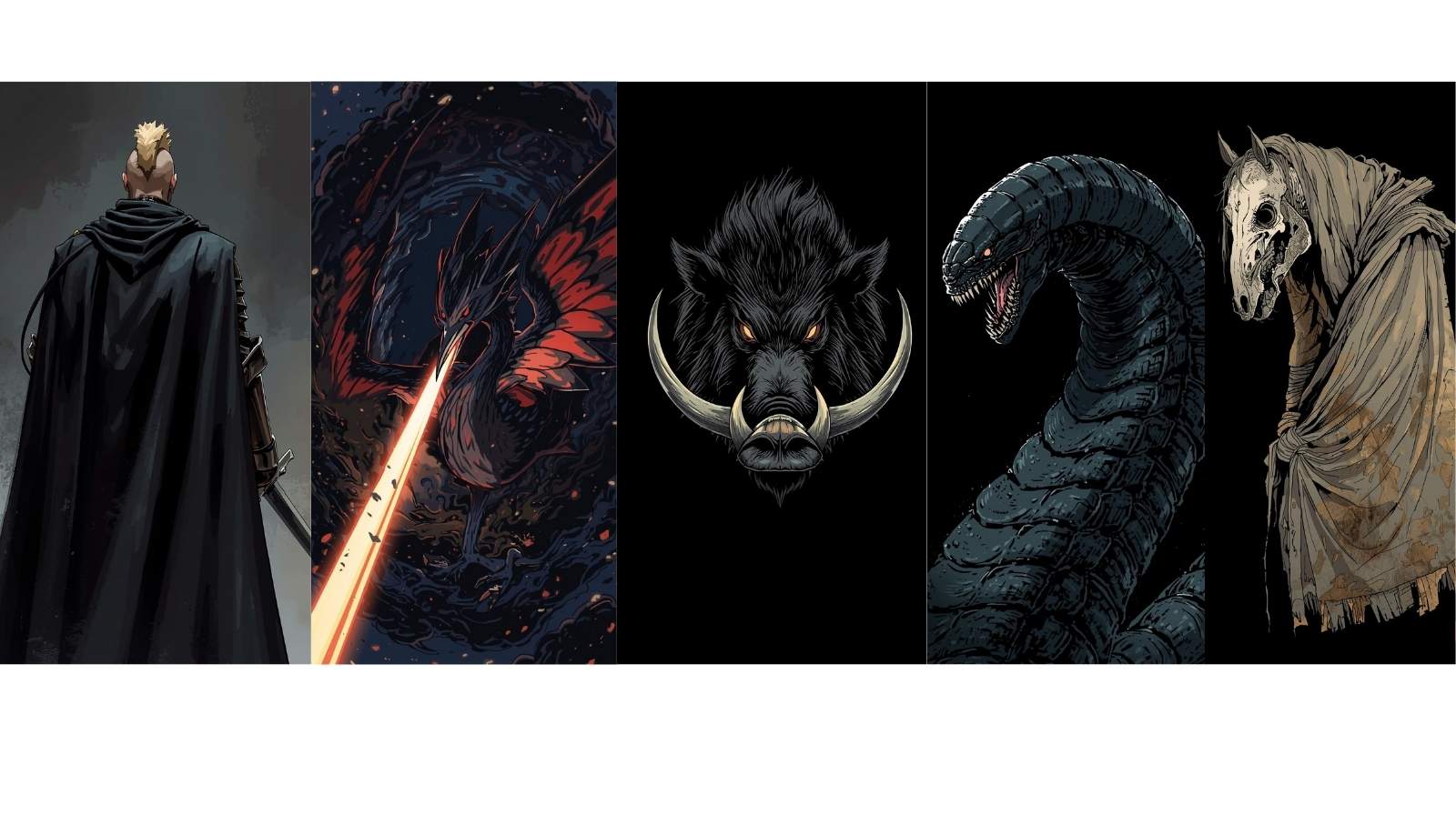 ガーリング聖、マーズ聖、ウォーキュリー聖、ピーター聖、ナス寿郎聖の怪物の姿のイメージイラスト