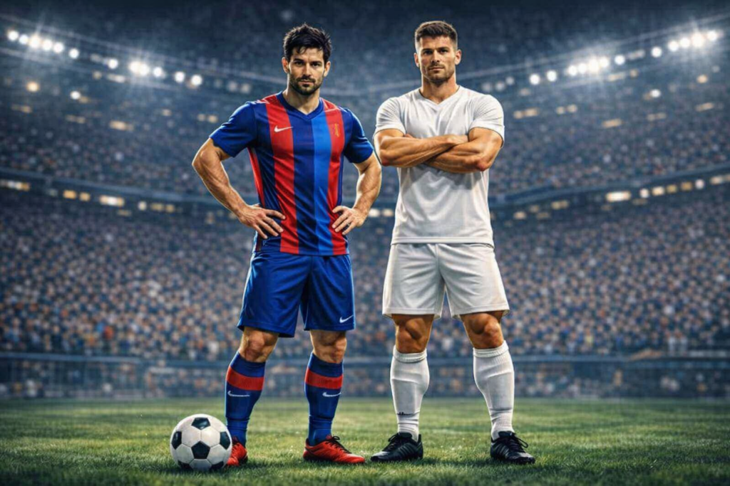 メッシとロナウド風のサッカー選手が並んで立っているイラスト