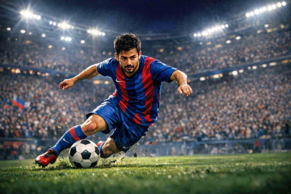 メッシ風のサッカー選手がサッカーボールをドリブルしているイラスト