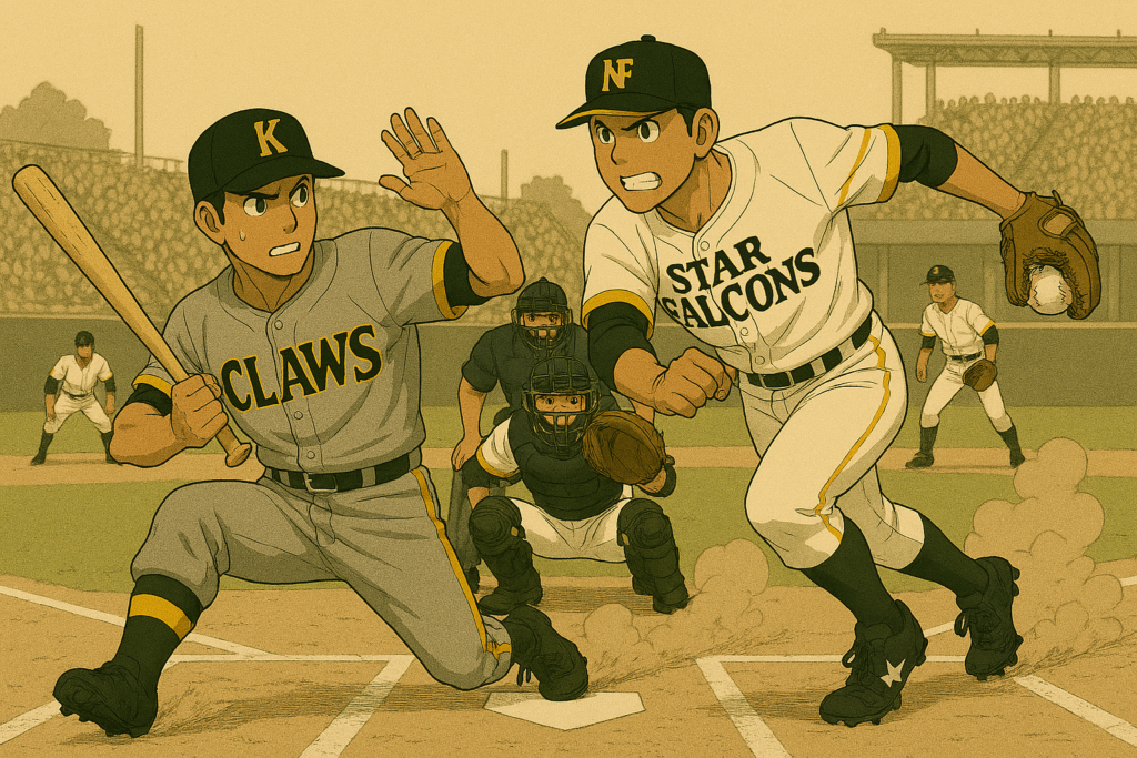 左の打者がバットを持ち、右の投手がボールををグローブでつかみ、走りだそうとしているイラスト