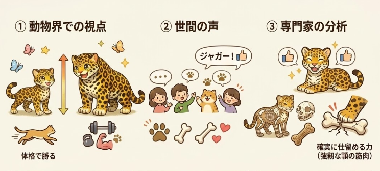 動物界、世間の声、専門家のジャガーに対する評判を表したイラスト画像