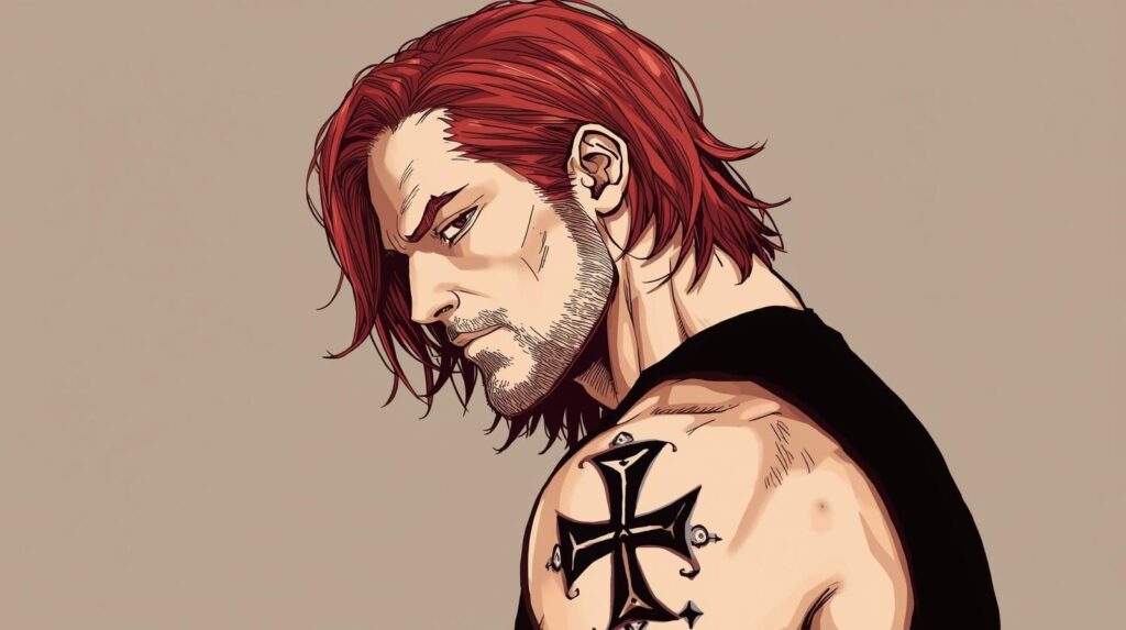 偽シャンクスの左腕にタトゥーがあるイラスト